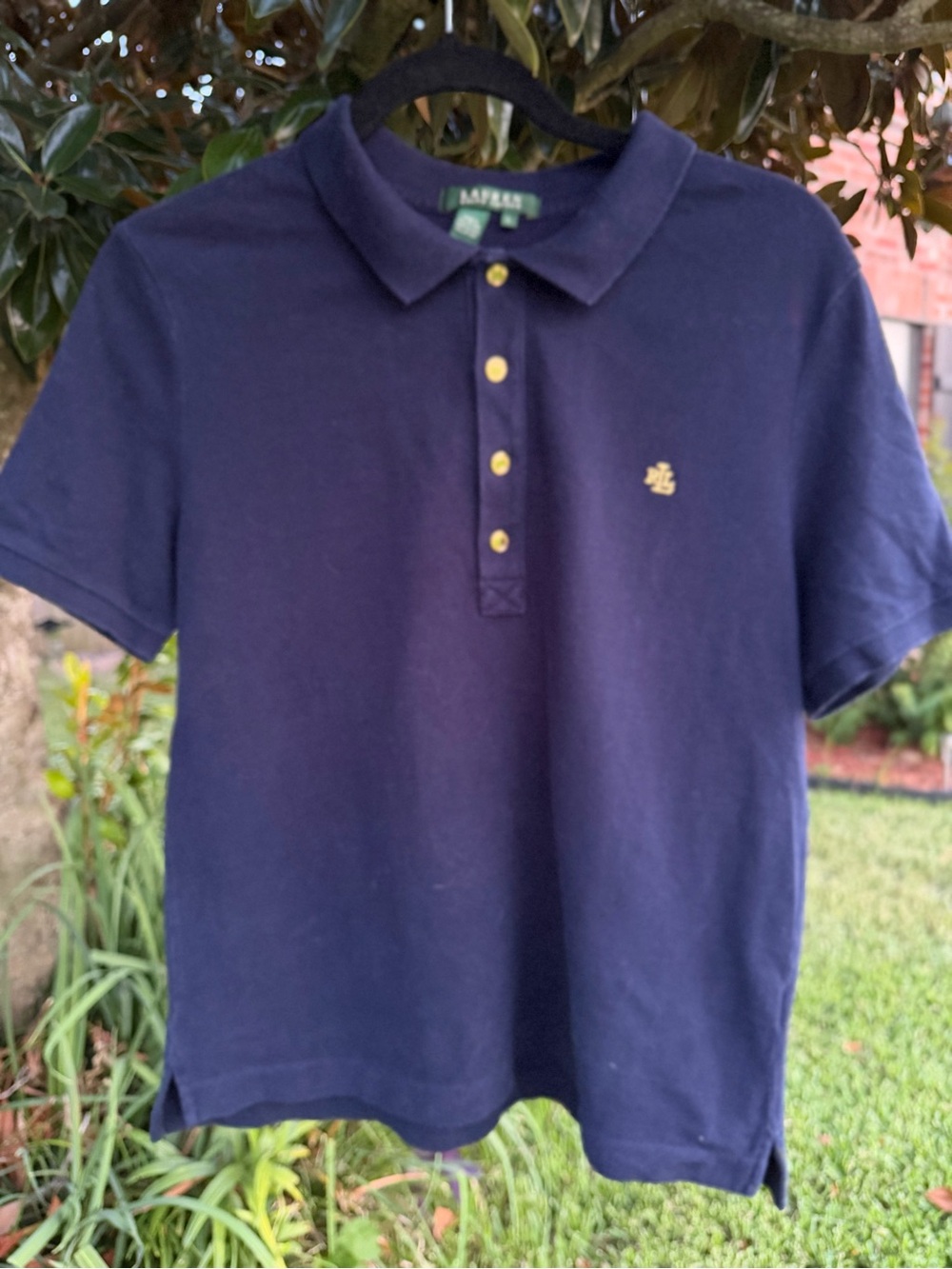 Lauren Ralph Lauren Navy Cotton Polo Shirt Gold RL Logo Women’s L - Picture 5 of 7